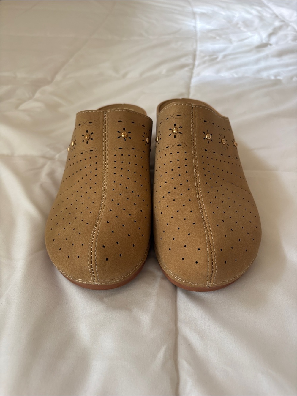 Perforated Tan Slip-On Clog Mules with Floral Accents